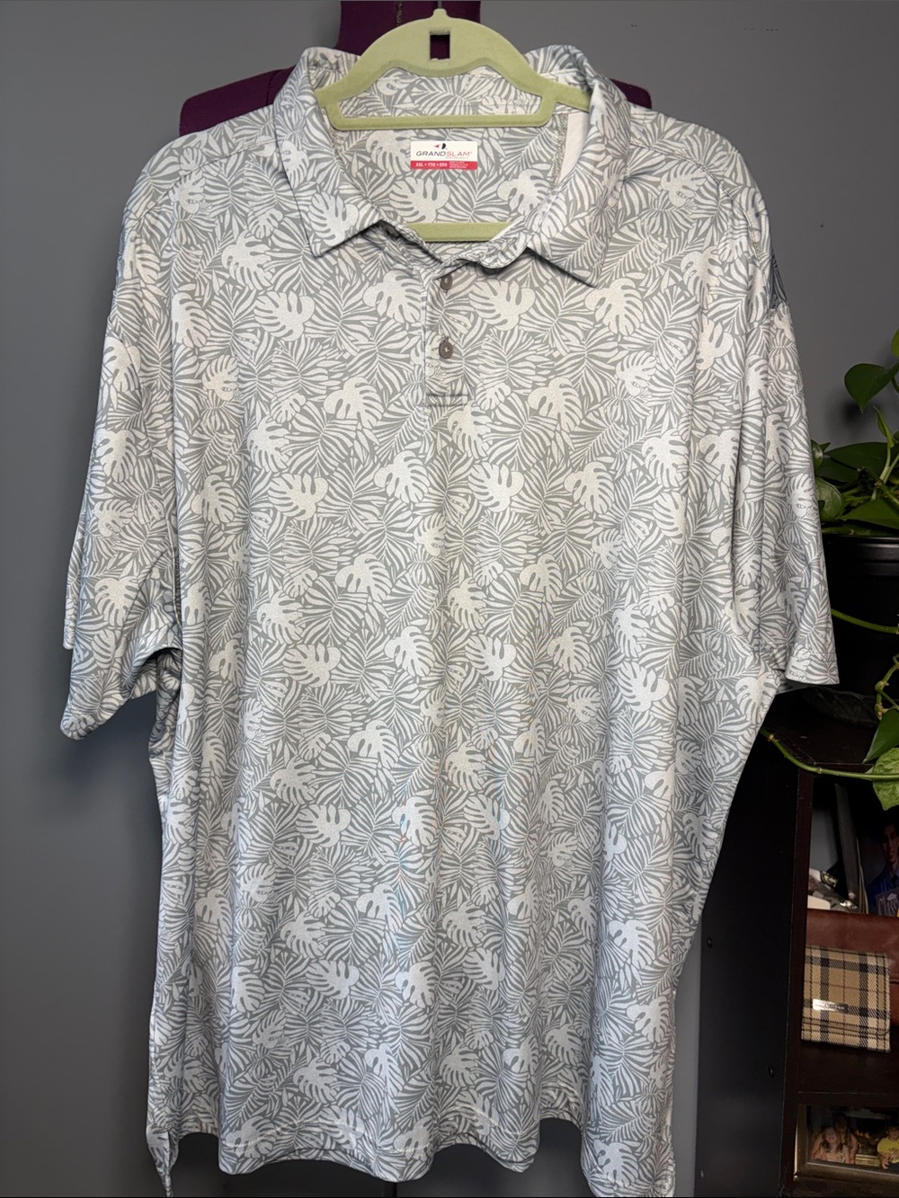 Grand Slam Performance  Light Gray and White Tropical Leaf Polo